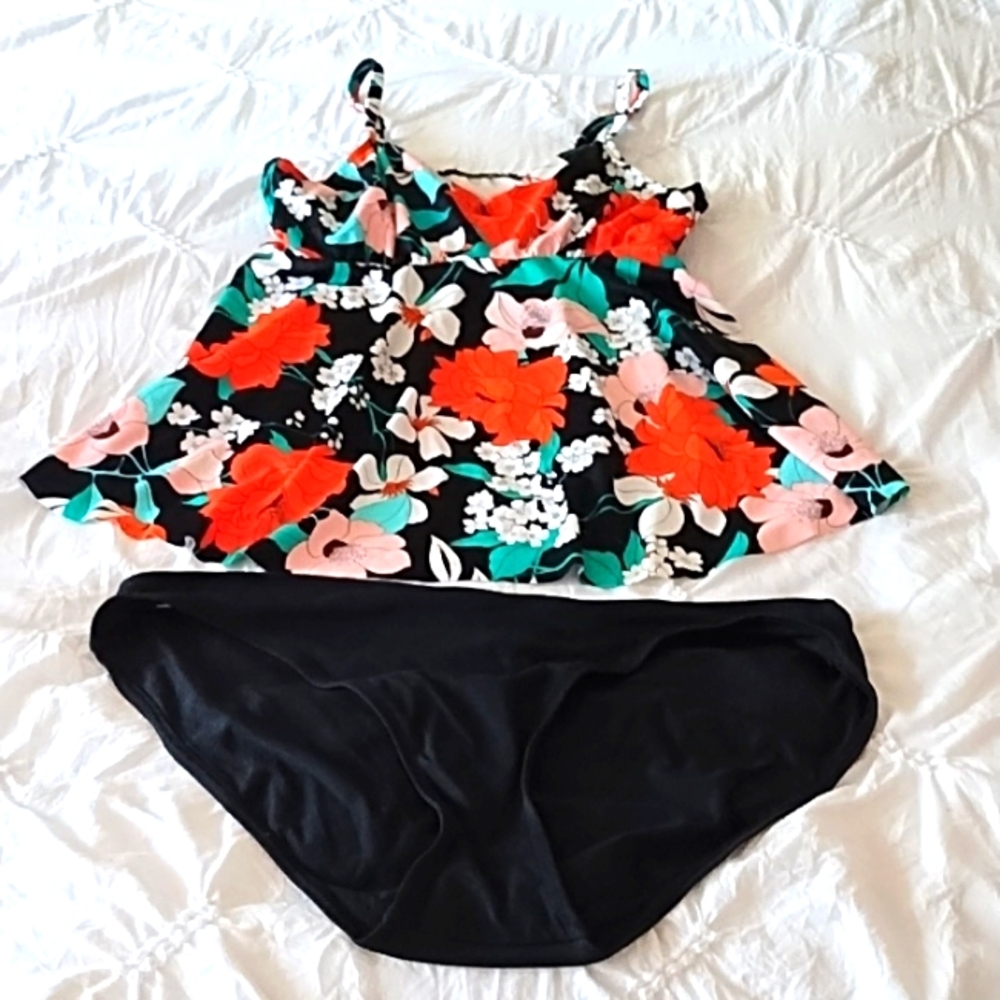 2 PC TANKINI BLACK FLORAL BATHING SUIT SZ 14 - Picture 2 of 8